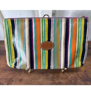 Fossil Multicolor Striped Coated Canvas Clutch Purse Organizer Pouch Makeup Bag